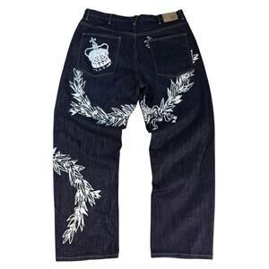 Vtg Sean John Men's 42x34 Denim Crown Wreath Print Jeans Y2K Baggy Skate Hip Hop